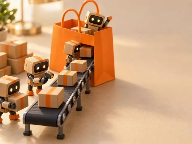 Parcel robots loading parcels on a conveyor into a large orange shopping bag.