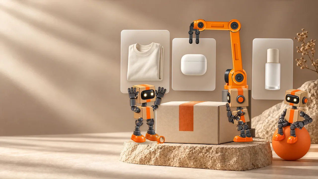 Cardboard parcel robots, a parcel and floating product panels on a stone plinth.